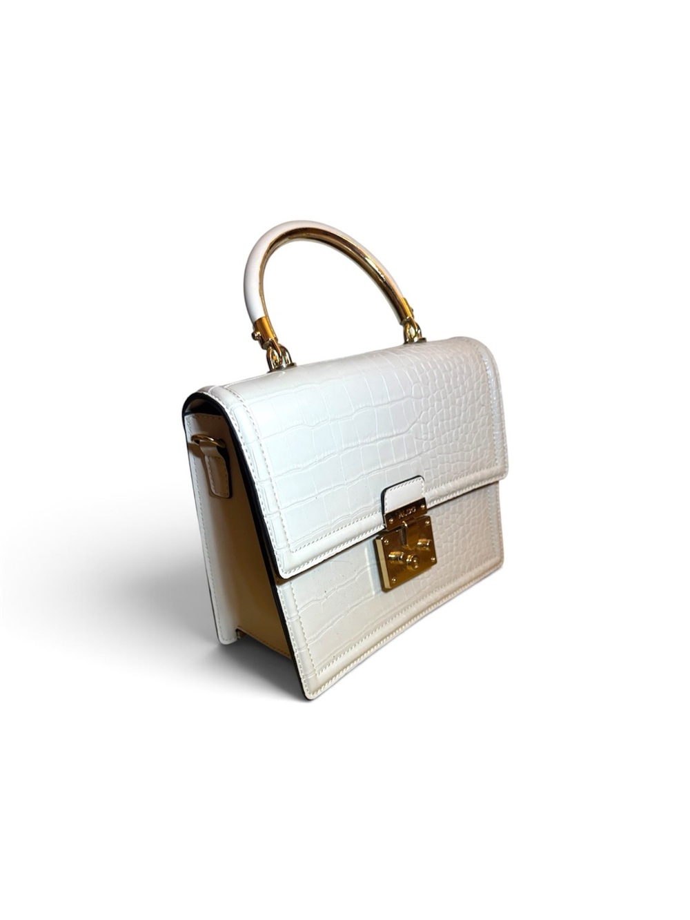 ALDO White Croc Embossed Structured Top Handle Bag Gold Hardware